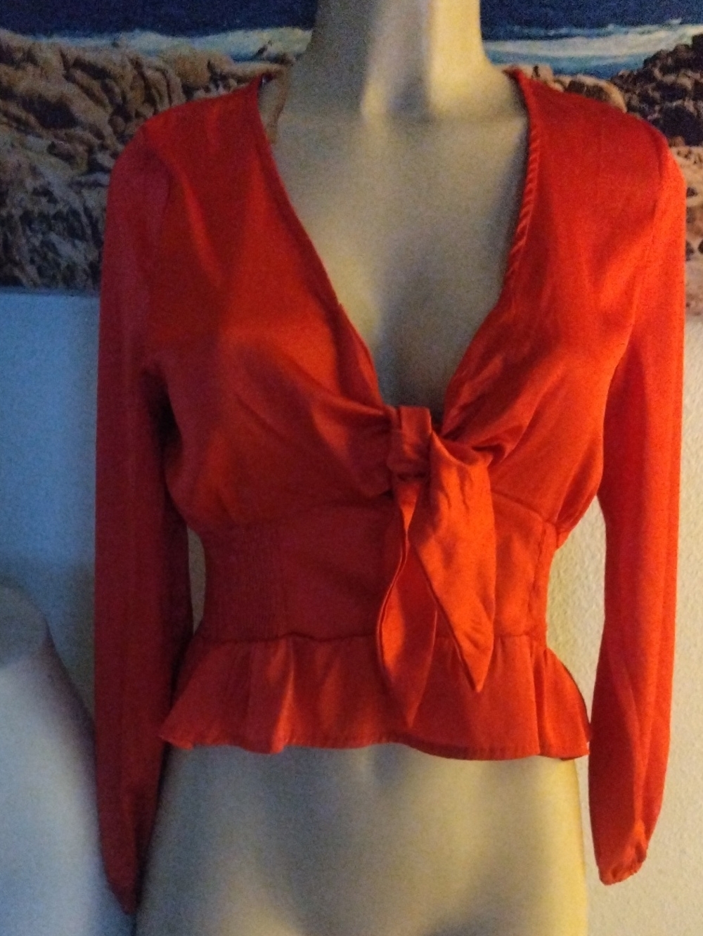 Ganji Women's Red Tie-Front Long-Sleeve Peplum Top